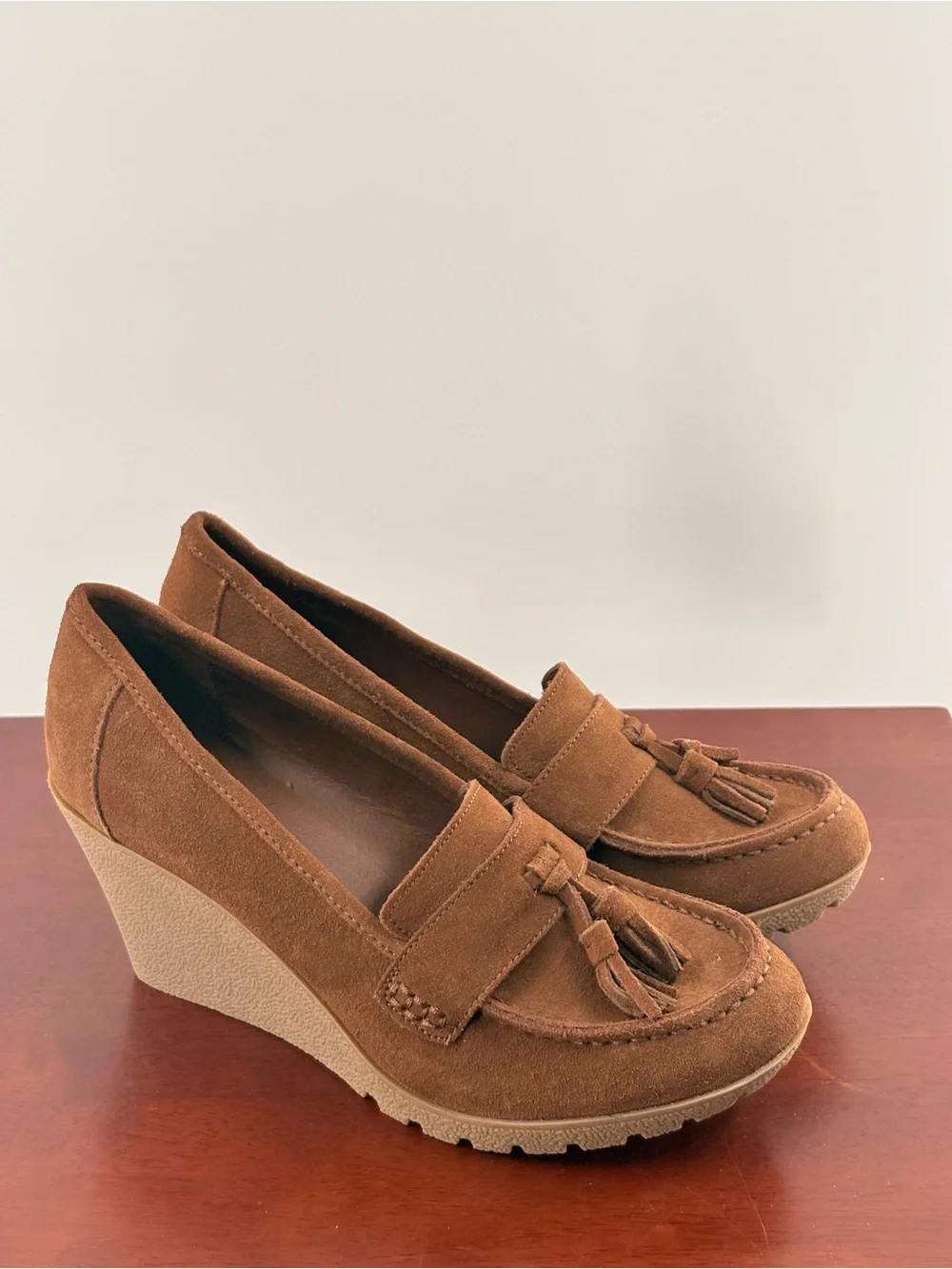 MIA Tan Suede Tassel Wedge Loafers